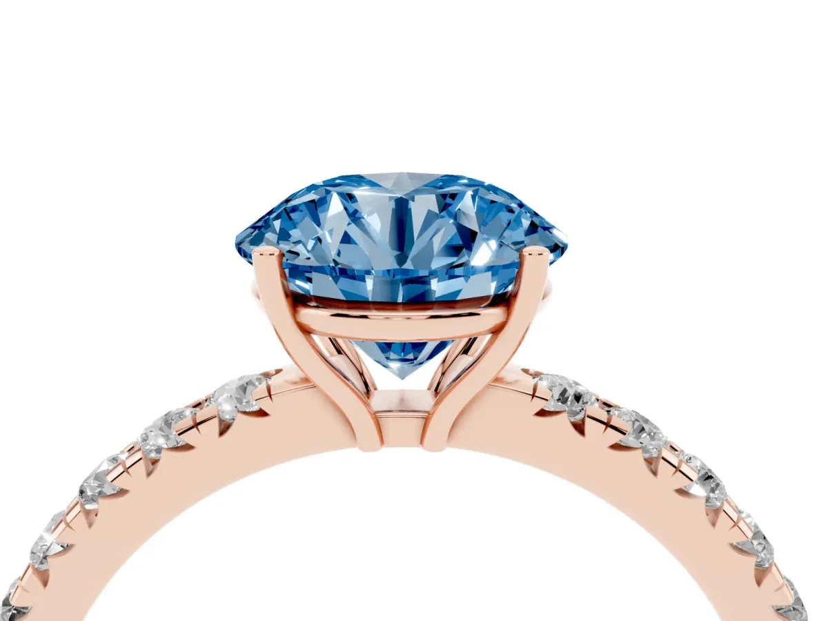 Fancy Blue Round Cut Diamond Pavé Solitaire Engagement Ring with Four-Prong Setting Rose gold
