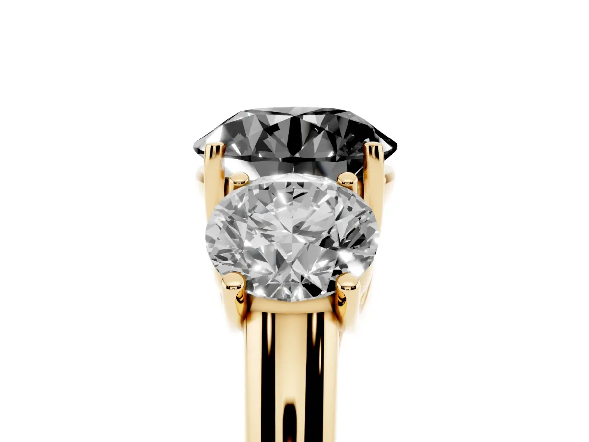 Fancy Black Three-Stone Round Cut Diamond Engagement Ring with Prong Setting Yellow gold
