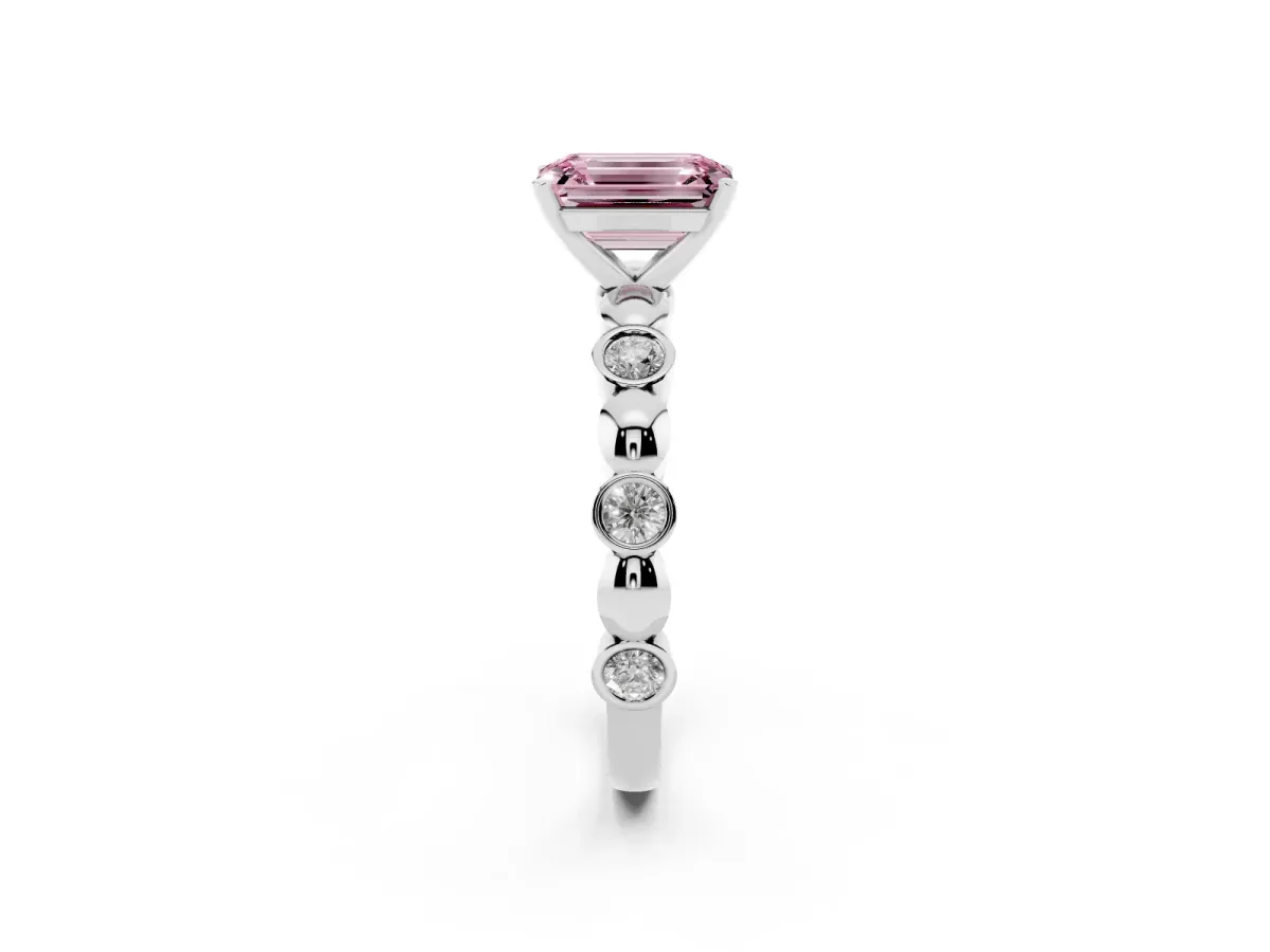 Fancy Pink Emerald Cut Solitaire Bezel-Set Diamond Ring with Beaded Band and Four-Prong Setting Silver