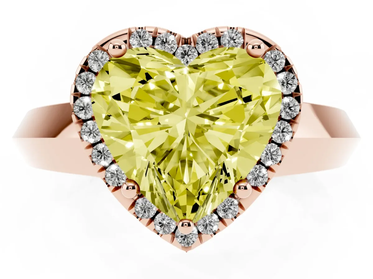 Fancy Yellow Heart Cut Halo Diamond Ring with Cathedral Band and Four-Prong Setting Rose gold