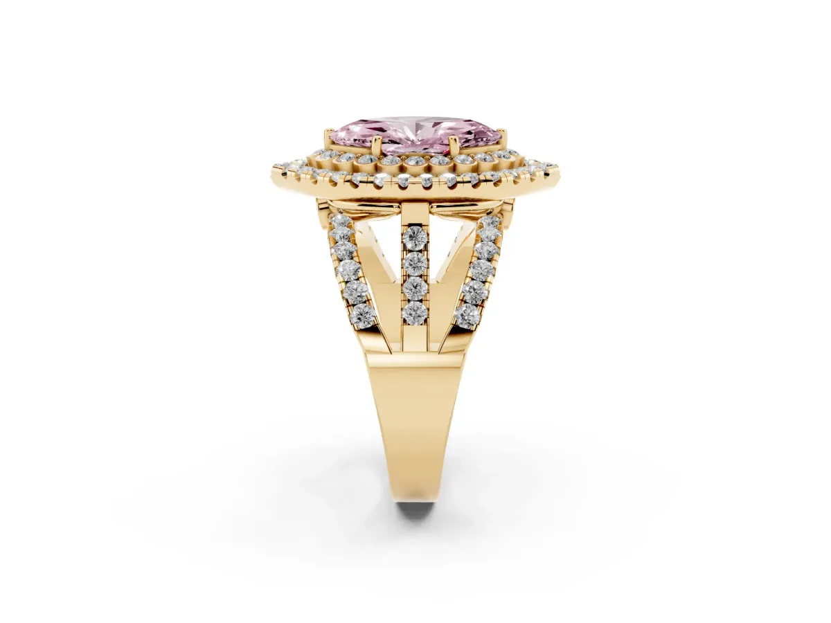 Fancy Pink Marquise Cut Diamond Double Halo Ring with Round Pavé Split Shank and Prong Setting Yellow gold