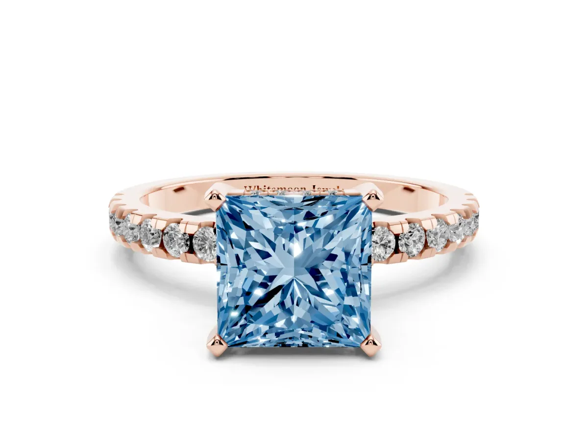 Fancy Blue Princess Cut Diamond Solitaire Ring with Round Pavé Band and Four-Prong Setting Rose gold