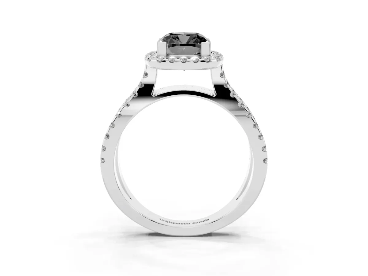 Fancy Black Cushion Cut Diamond Halo Ring with Split Shank Pavé Band and Prong Setting Silver