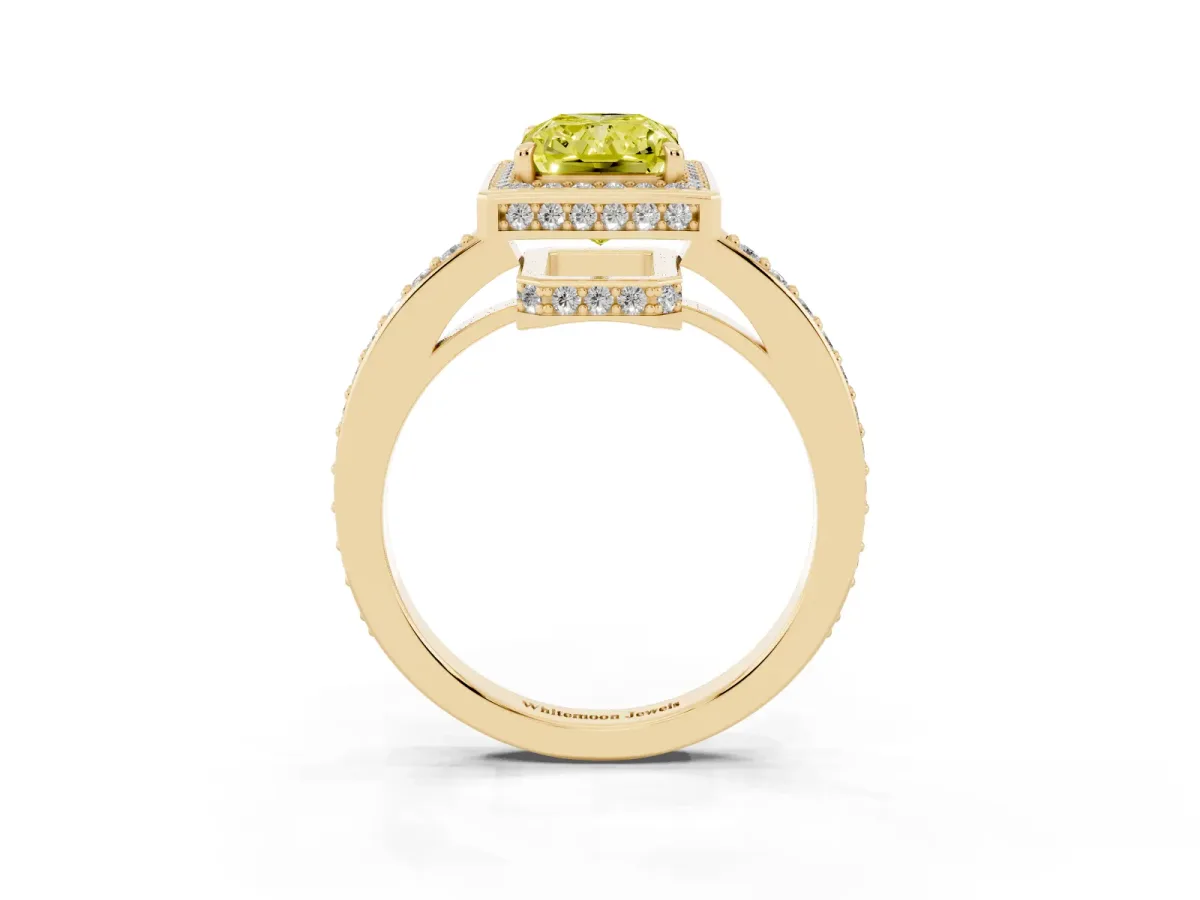 Fancy Yellow Radiant Cut Halo Pave Band Solitaire Ring with Prong Setting Yellow gold