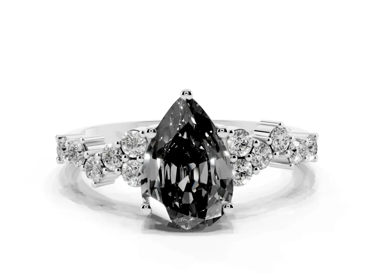 Fancy Black Pear Cut Diamond Scattered Round Accent Ring with Prong Setting Silver