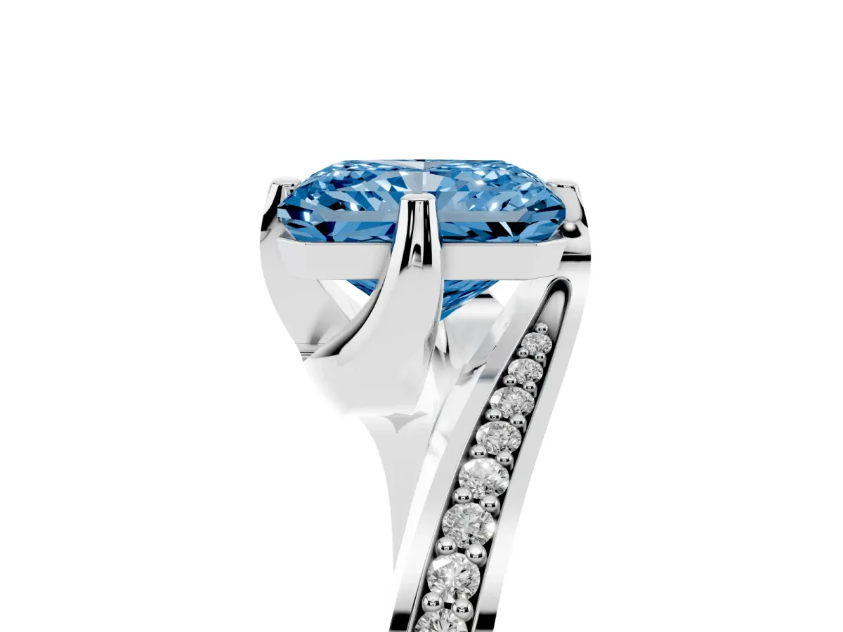 Fancy Blue Radiant Cut Solitaire Diamond Twist Band with Pavé Setting and Four-Prong Setting Silver