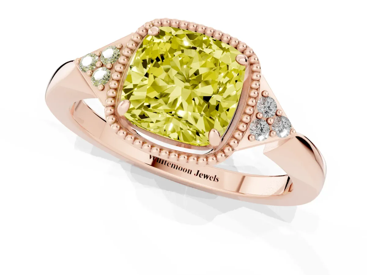Fancy Yellow Cushion Cut Diamond Halo Ring with Tapered Band and Four-Prong Setting Rose gold