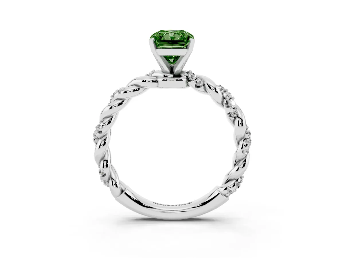 Fancy Green Radiant Cut Diamond Solitaire Ring with Twisted Band and Pavé Accents Silver