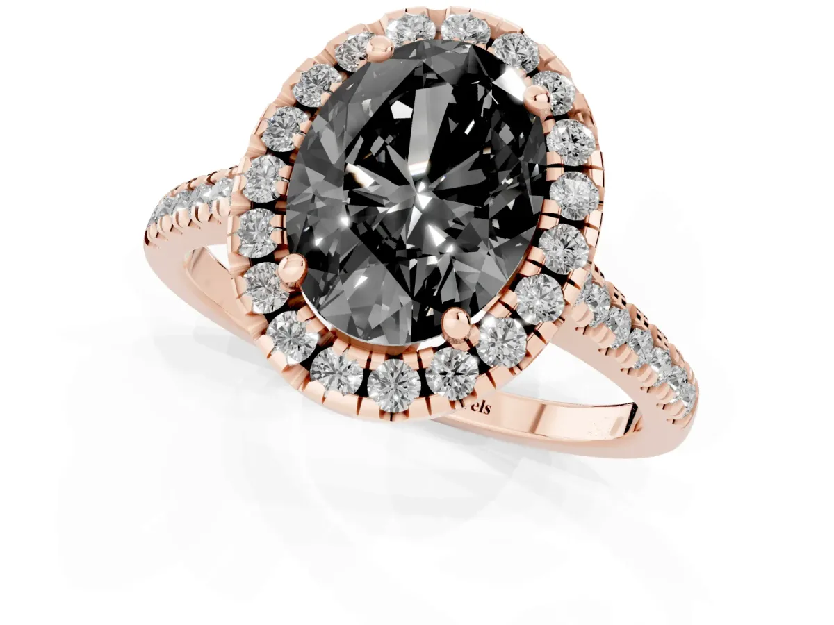 Fancy Black Oval Cut Diamond Cushion Halo Ring with Pavé Band Rose gold