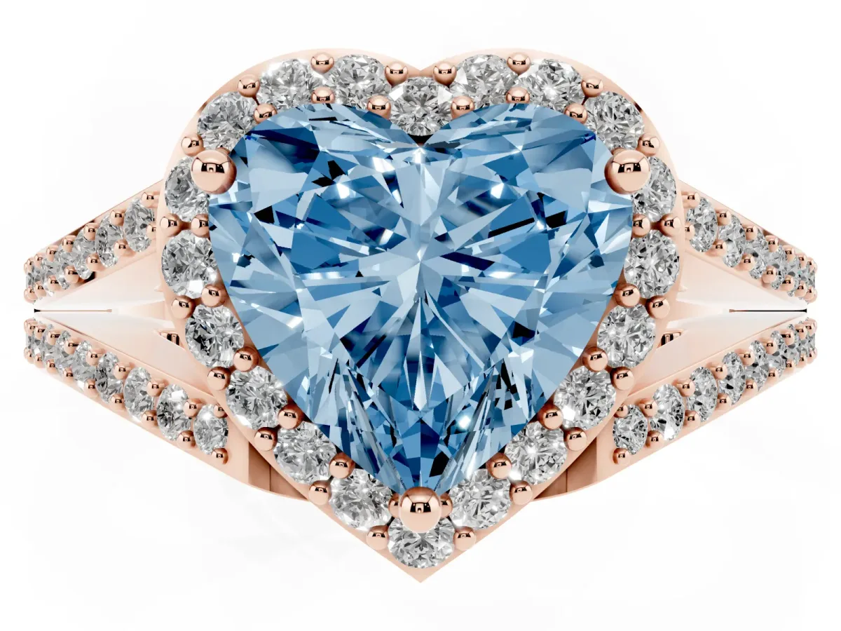 Fancy Blue Heart Cut Halo Split Shank Pave Diamond Ring with Four-Prong Setting Rose gold