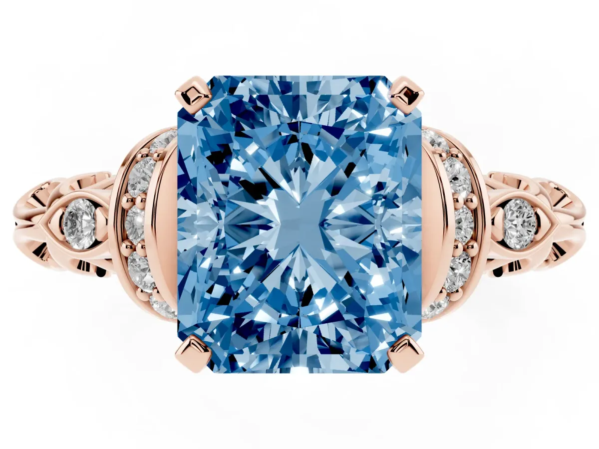 Fancy Blue Radiant Cut Diamond Solitaire Ring with Filigree Band and Four-Prong Setting Rose gold