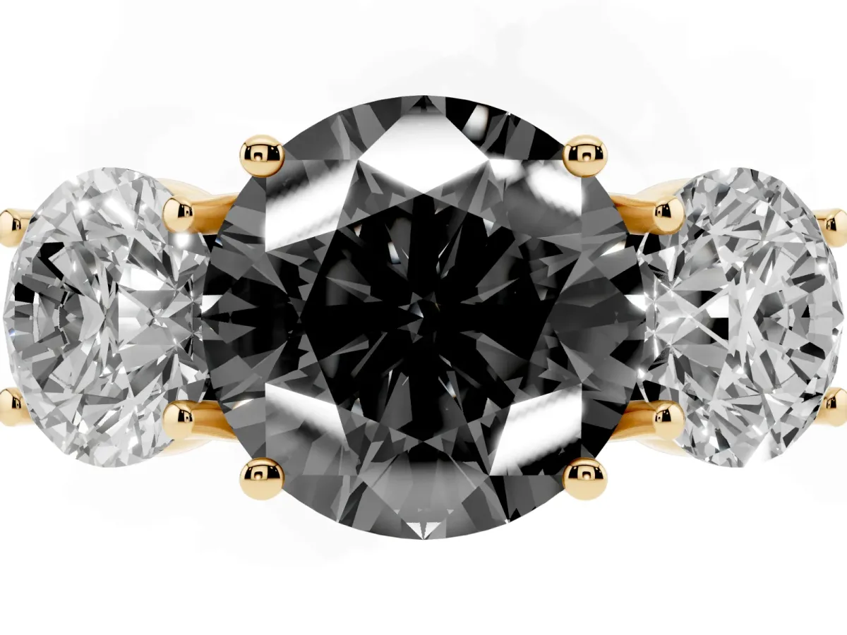 Fancy Black Three-Stone Round Cut Diamond Engagement Ring with Prong Setting Yellow gold