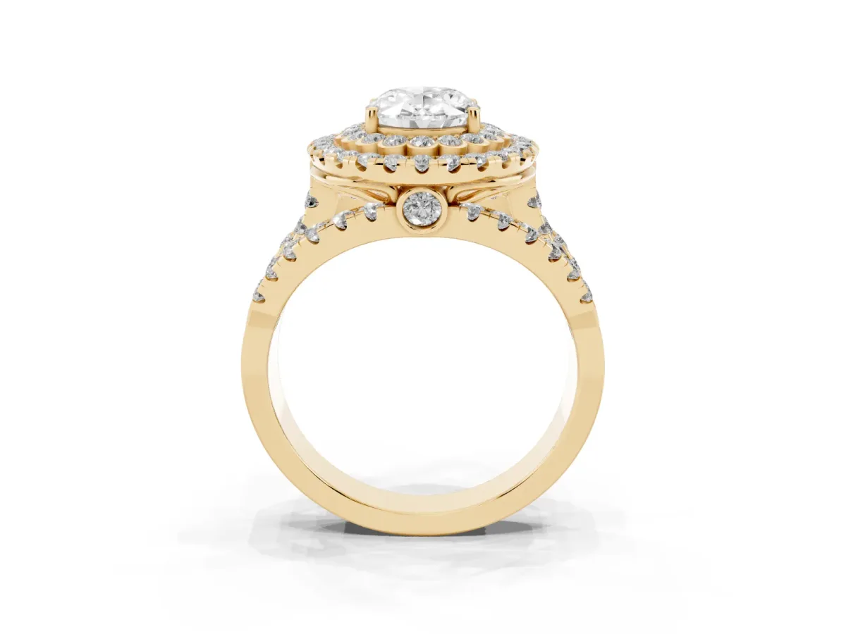 Oval Cut Diamond Double Halo Ring with Round Pavé Split Shank and Prong Setting Yellow gold