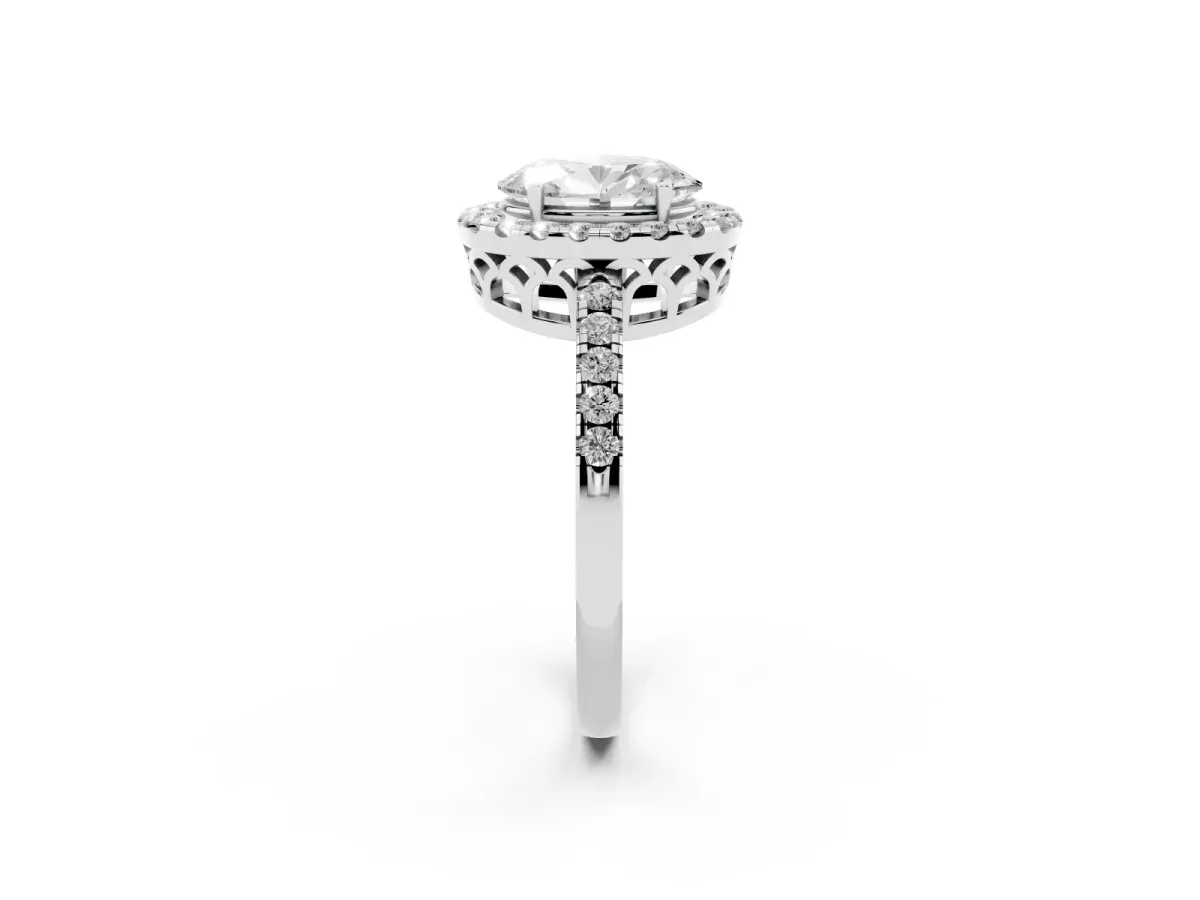 Oval Cut Halo Diamond Engagement Ring with Pavé Band and Four-Prong Setting Silver