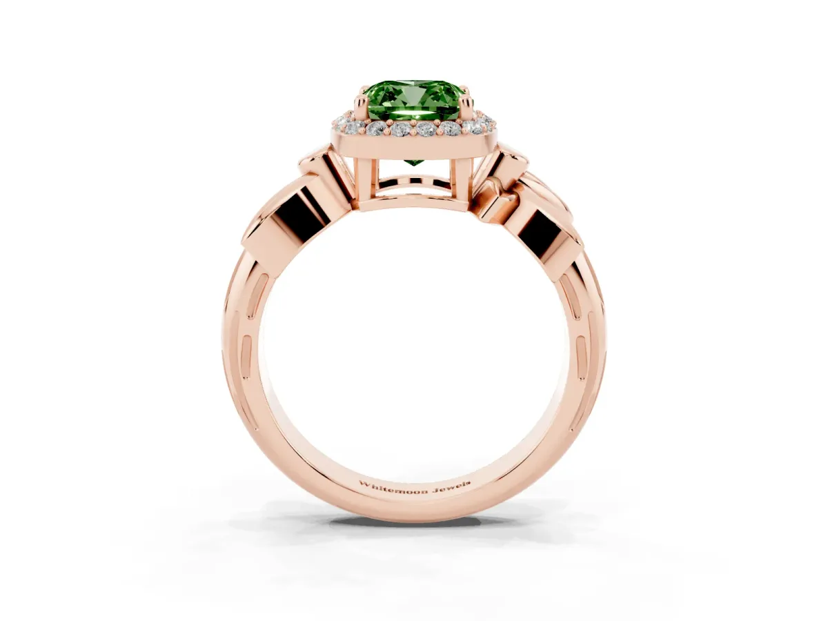 Fancy Green Cushion Cut Halo Diamond Floral Band with Four-Prong Setting Rose gold