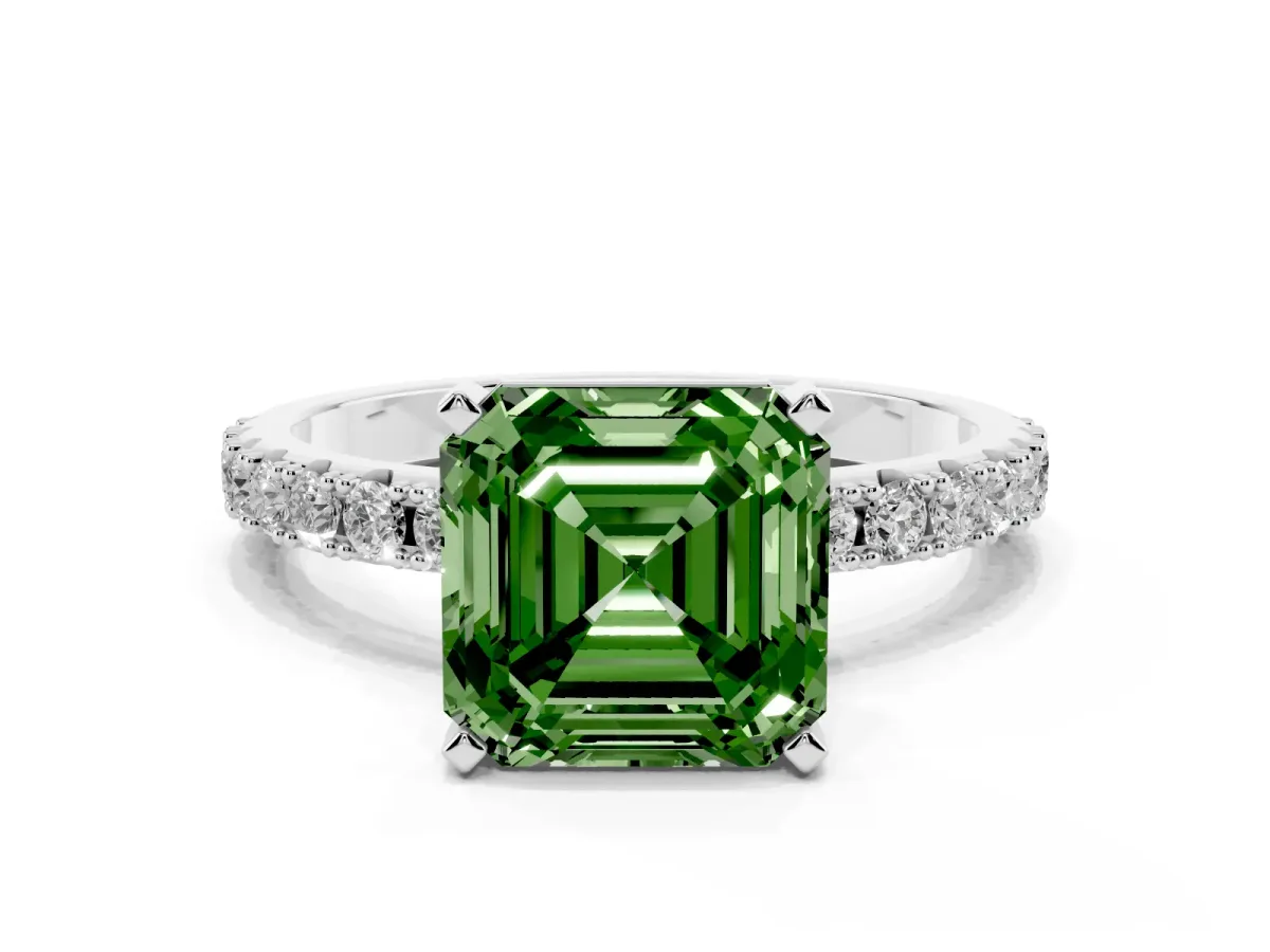 Fancy Green Asscher Cut Diamond Solitaire Pavé Band with Four-Prong Setting Silver