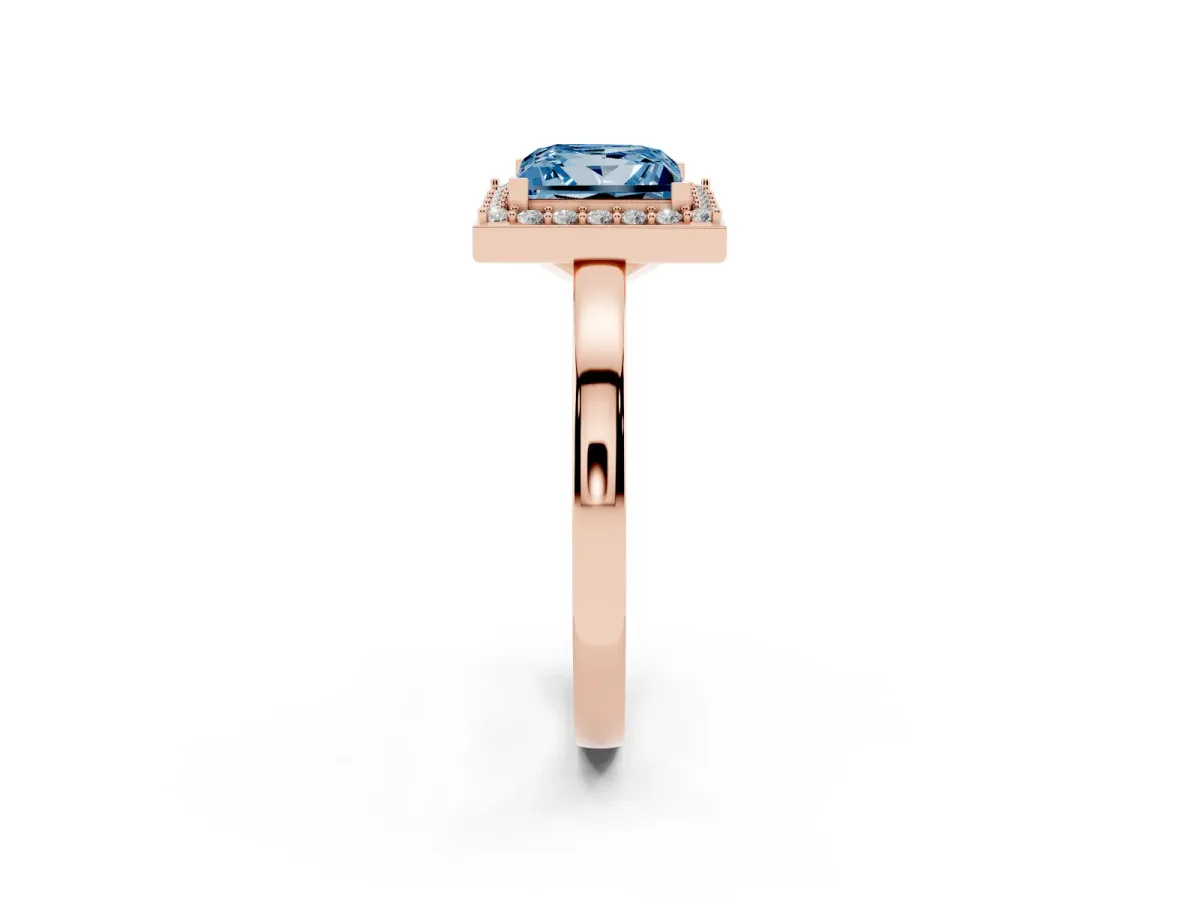 Fancy Blue Princess Cut Halo Diamond Ring with Solitaire Band and Prong Setting Rose gold