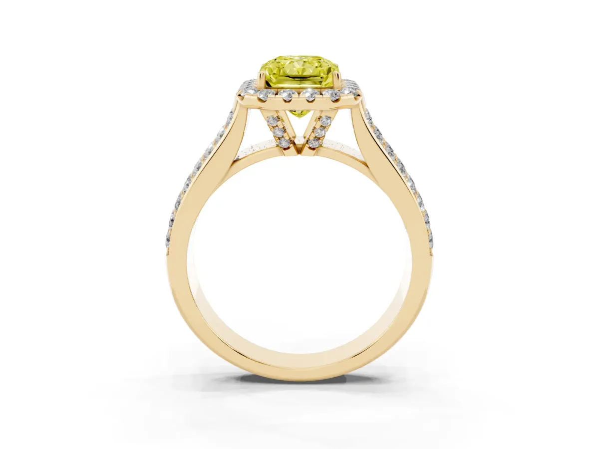 Fancy Yellow Radiant Cut Halo Round Diamond Pave Band with Prong Setting Yellow gold