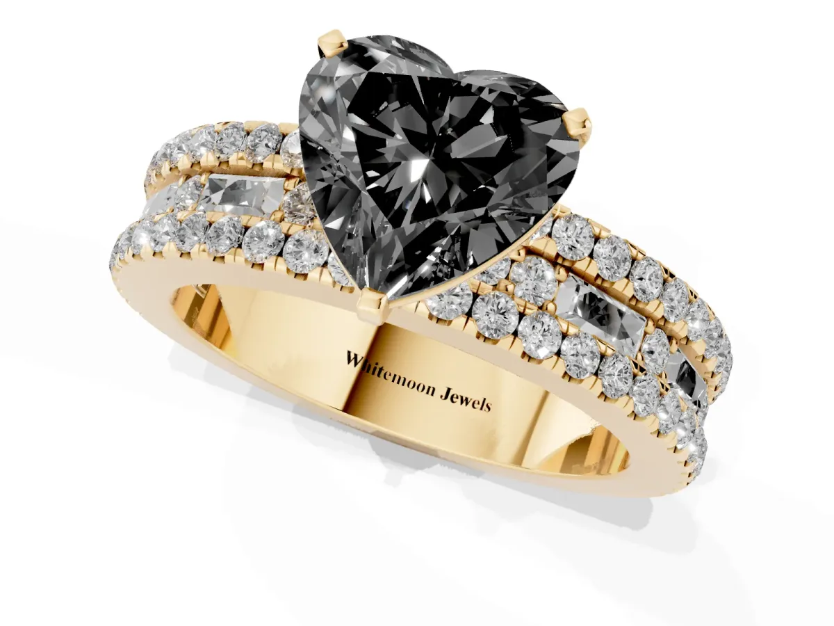 Fancy Black Heart Cut Diamond Solitaire Ring with Pavé and Channel Set Band Yellow gold