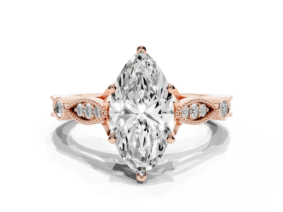 Marquise Cut Cut Diamond with Milgrain Marquise and Bezel Accents on a Solitaire Band with Prong Setting Rose gold