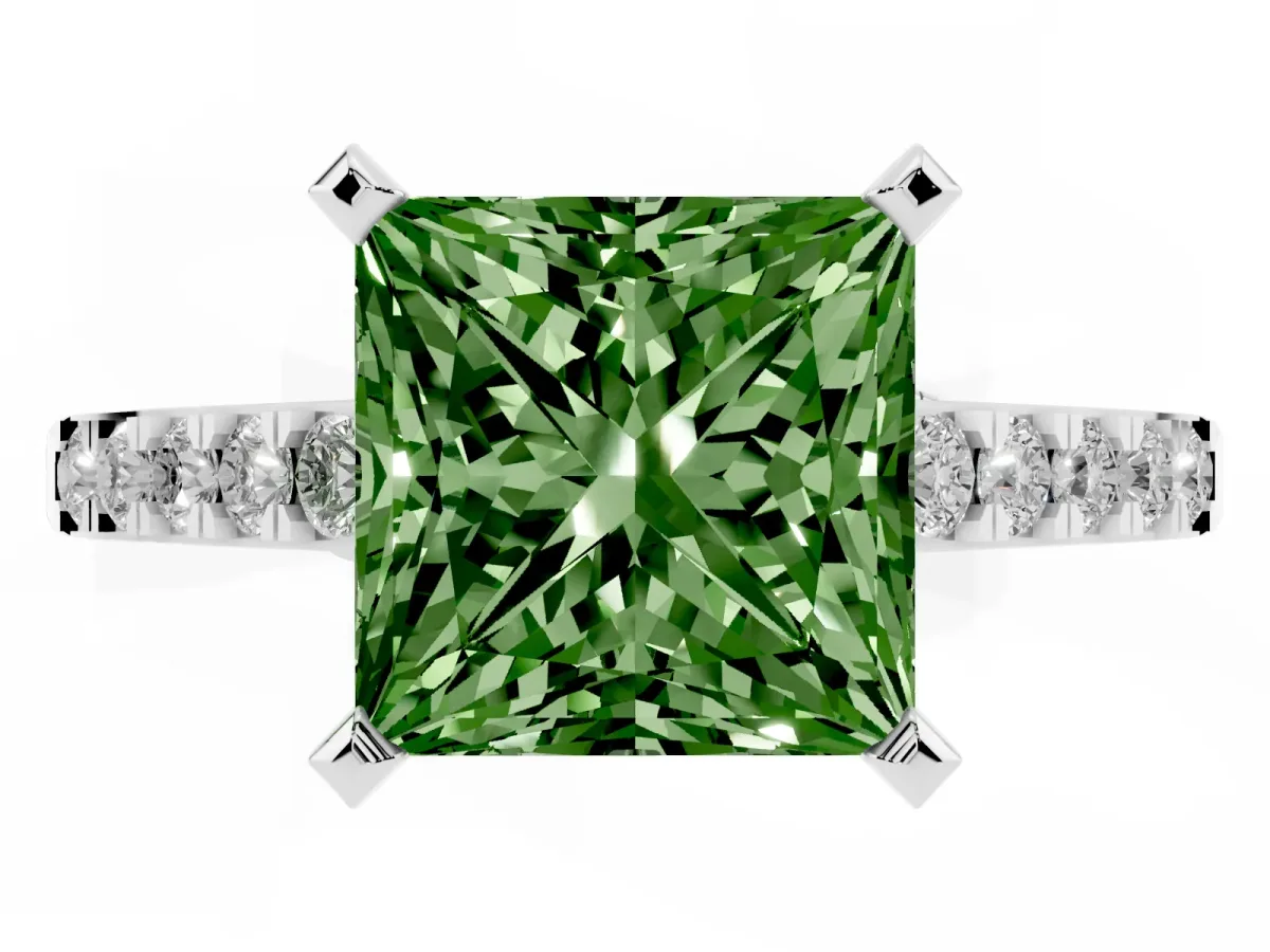 Fancy Green Princess Cut Diamond Solitaire Ring with Crossover Gallery and Round Pavé Band Platinum