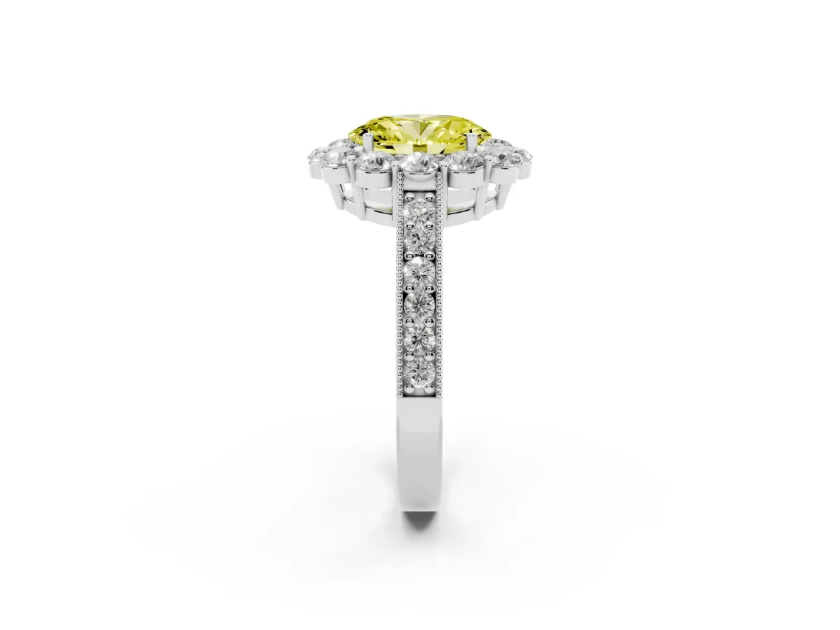 Fancy Yellow Oval Cut Cut Halo Diamond Pavé Engagement Ring with Milgrain Detailing Silver