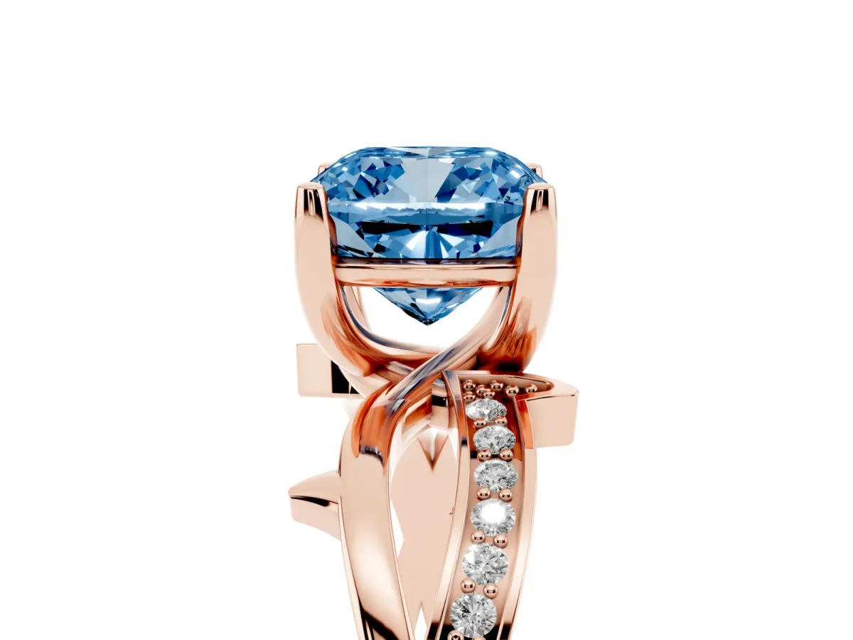Fancy Blue Cushion Cut Solitaire Twist Band with Pavé Accents and Four-Prong Setting Rose gold