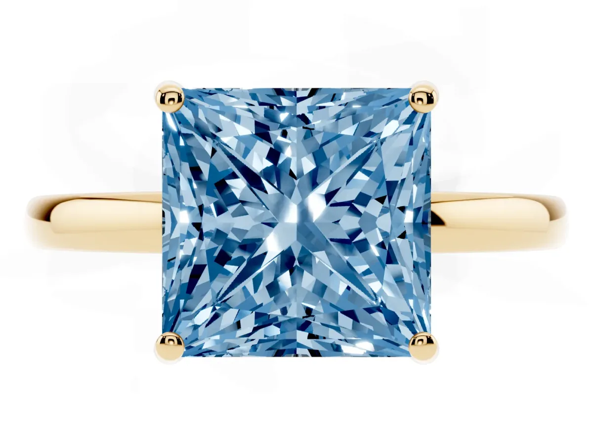 Fancy Blue Princess Cut Solitaire Diamond Ring with Prong Setting and Plain Band Yellow gold