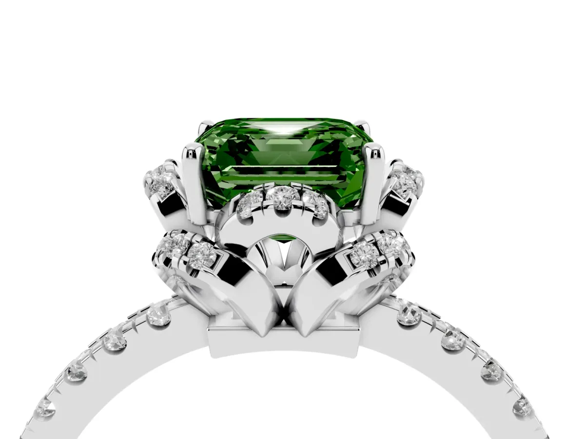 Fancy Green Asscher Cut Halo Diamond Pave Band Ring with Four-Prong Setting Silver