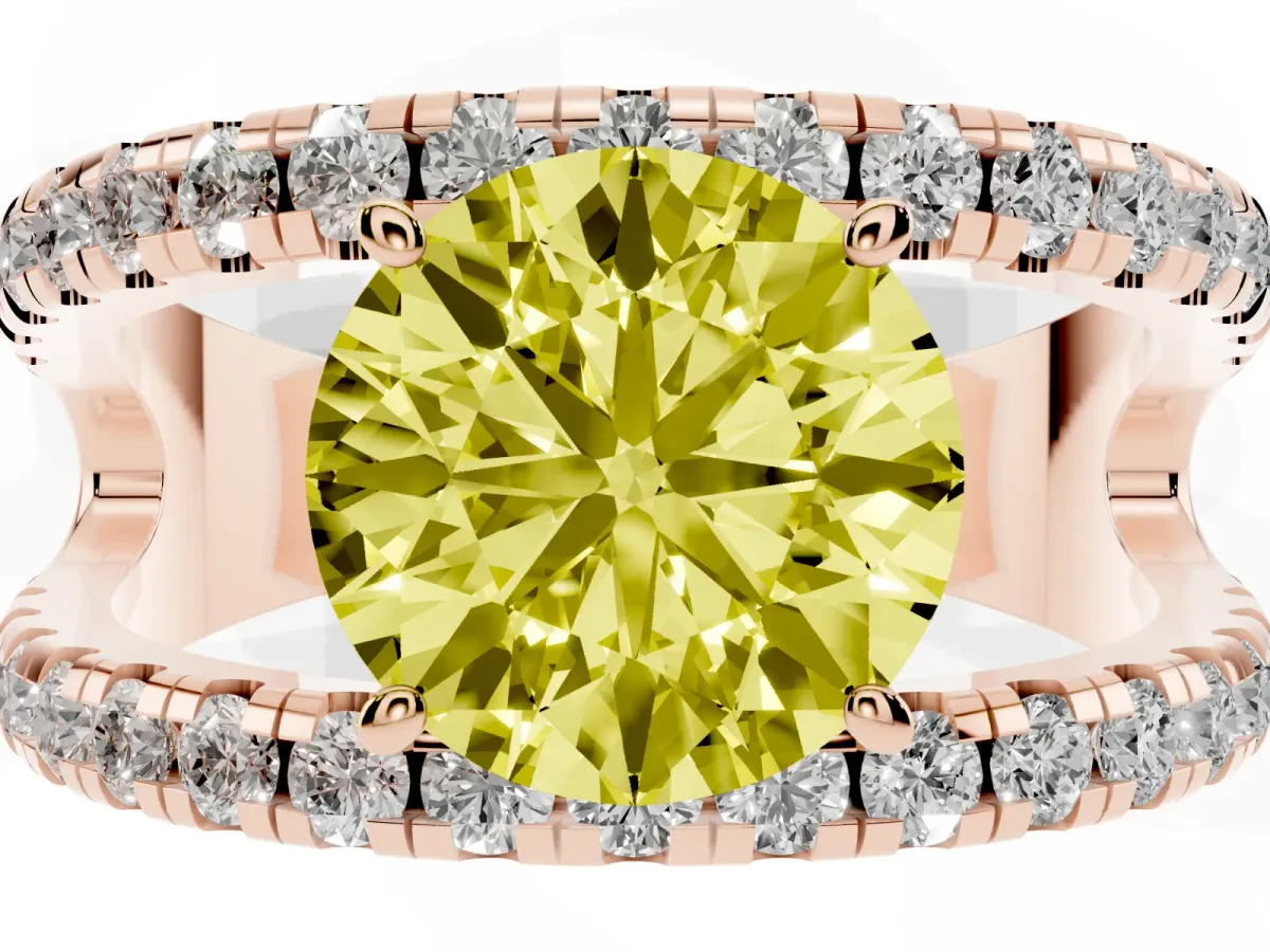 Fancy Yellow Round Cut Solitaire Split Shank Pave Diamond Ring Rose gold
