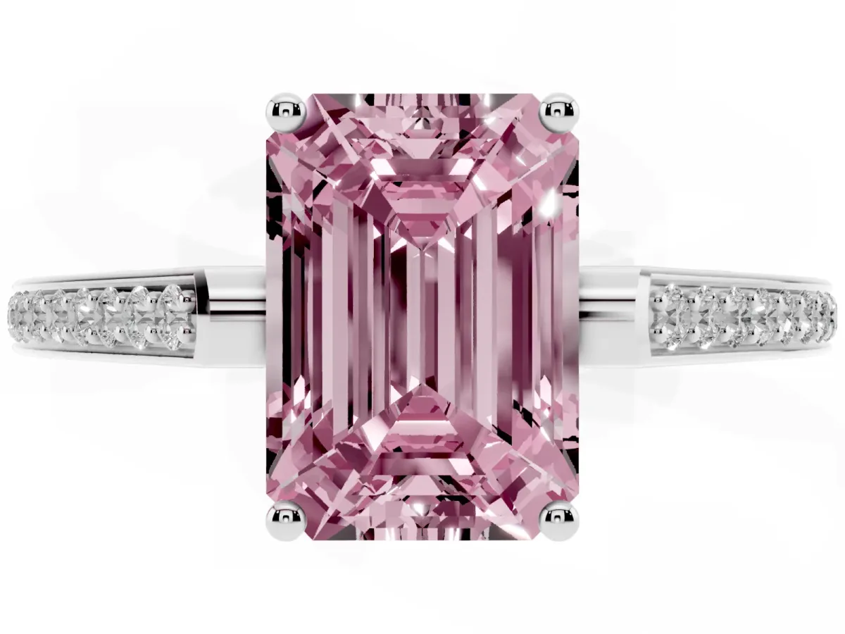 Fancy Pink Emerald Cut Cut Cathedral Pave Diamond Engagement Ring with Six-Prong Setting Silver