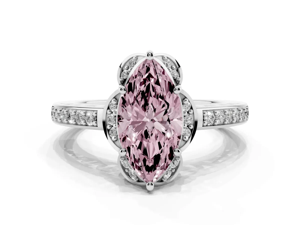 Fancy Pink Marquise Cut Cut Halo Diamond Ring with Channel Set Band and Four-Prong Setting Silver
