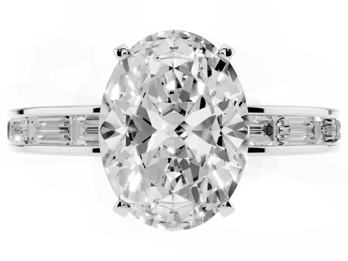 Oval Cut Solitaire Diamond Ring with Channel-Set Baguette Band and Four-Prong Setting White gold