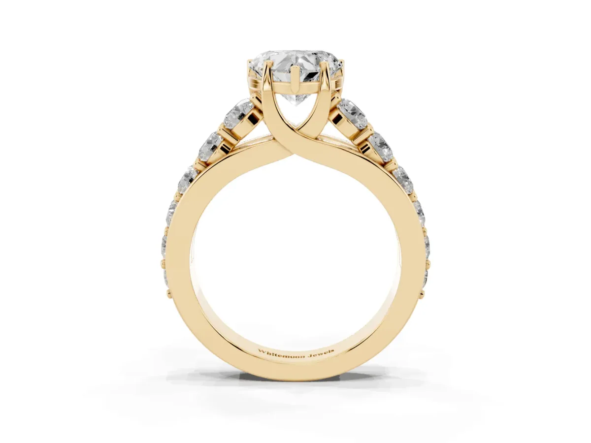 Heart Cut Diamond Engagement Ring with Pavé Band and Four-Prong Setting Yellow gold