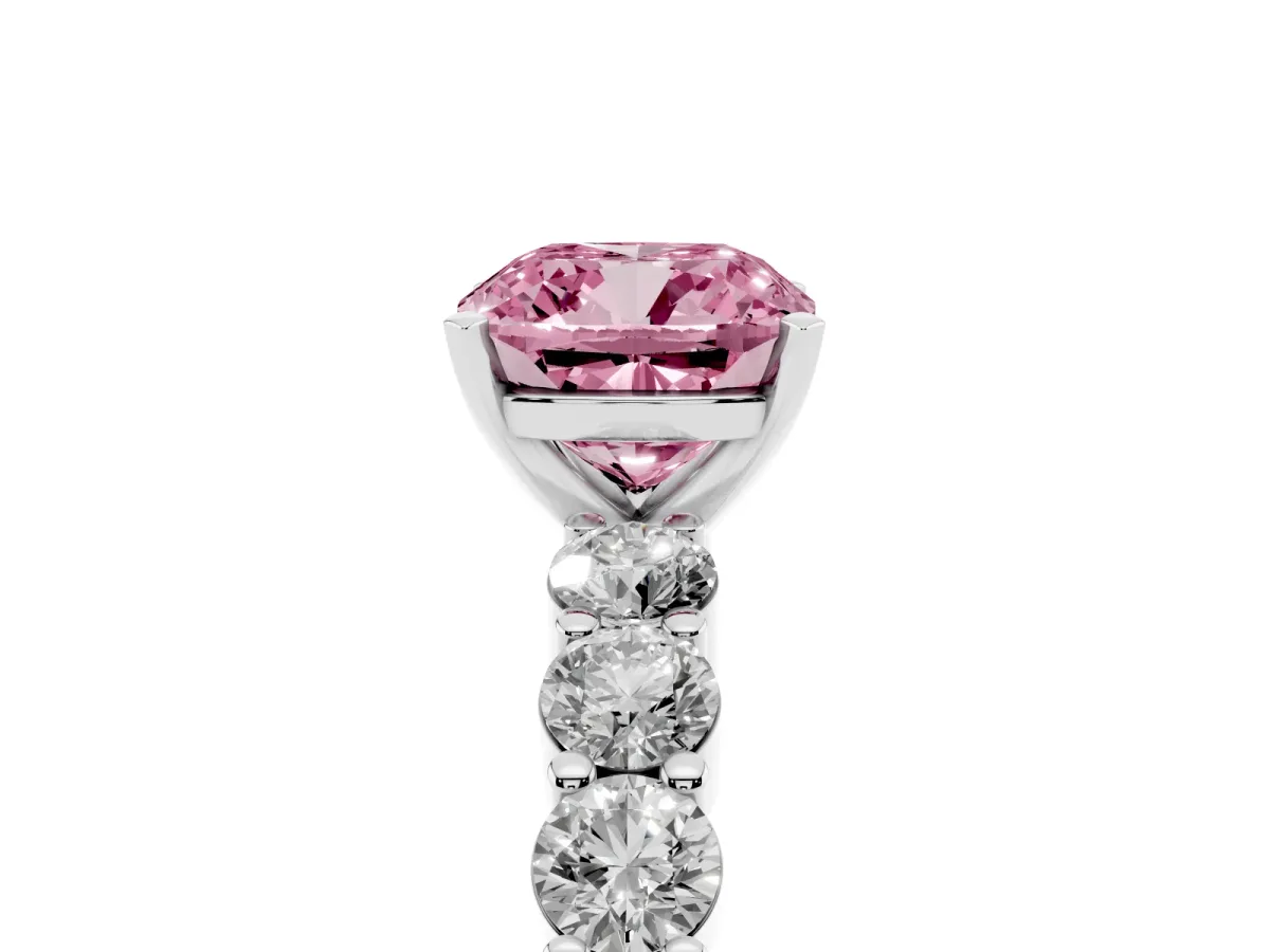 Fancy Pink Cushion Cut Diamond Solitaire Ring with Shared Prong Round Side Stones Silver