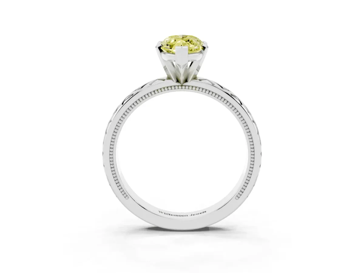 Fancy Yellow Marquise Cut Solitaire Diamond Ring with Milgrain and Black Enamel X Pattern Band Silver