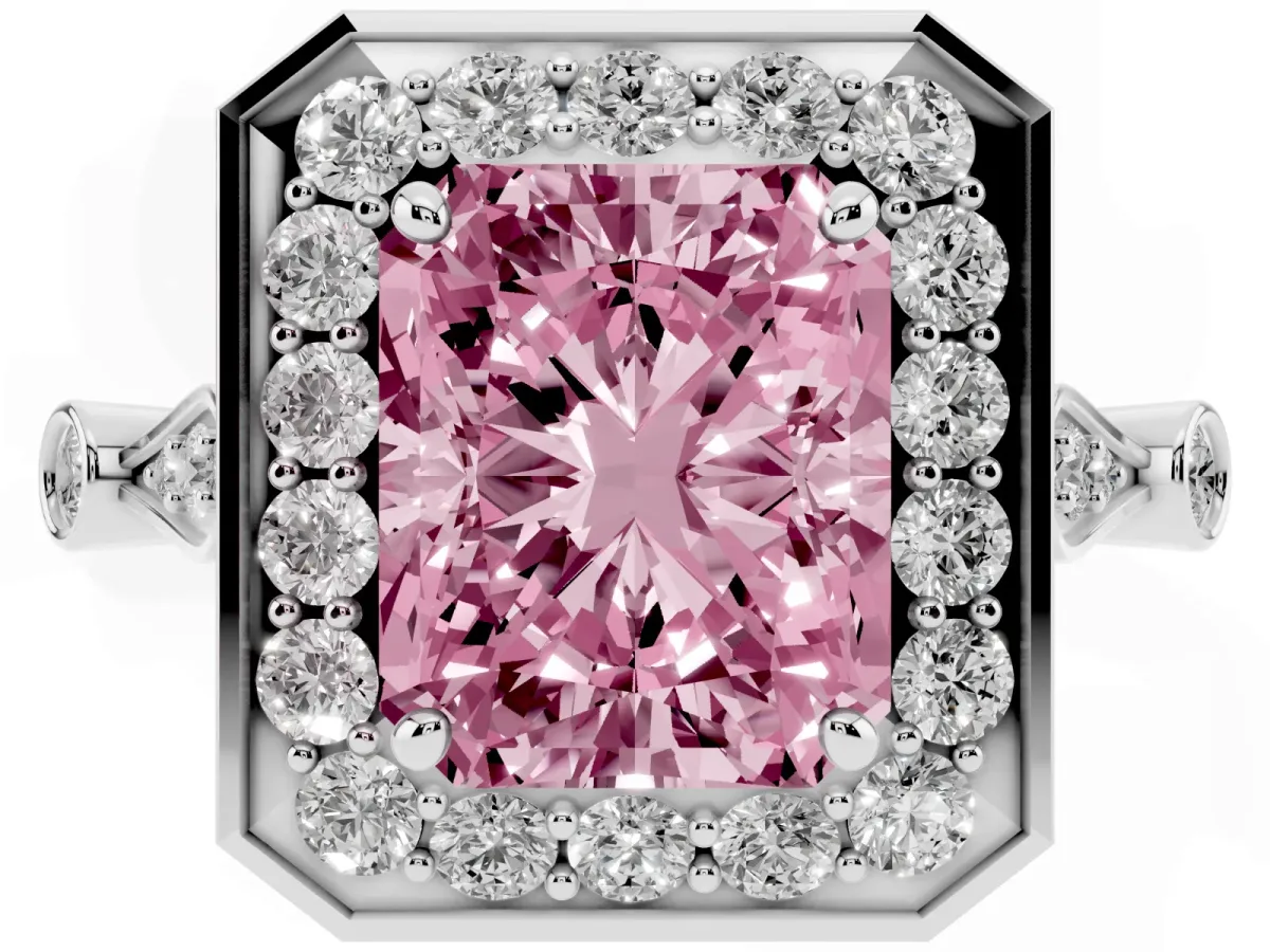 Fancy Pink Radiant Cut Halo Diamond Engagement Ring with Twisted Band and Four-Prong Setting Silver