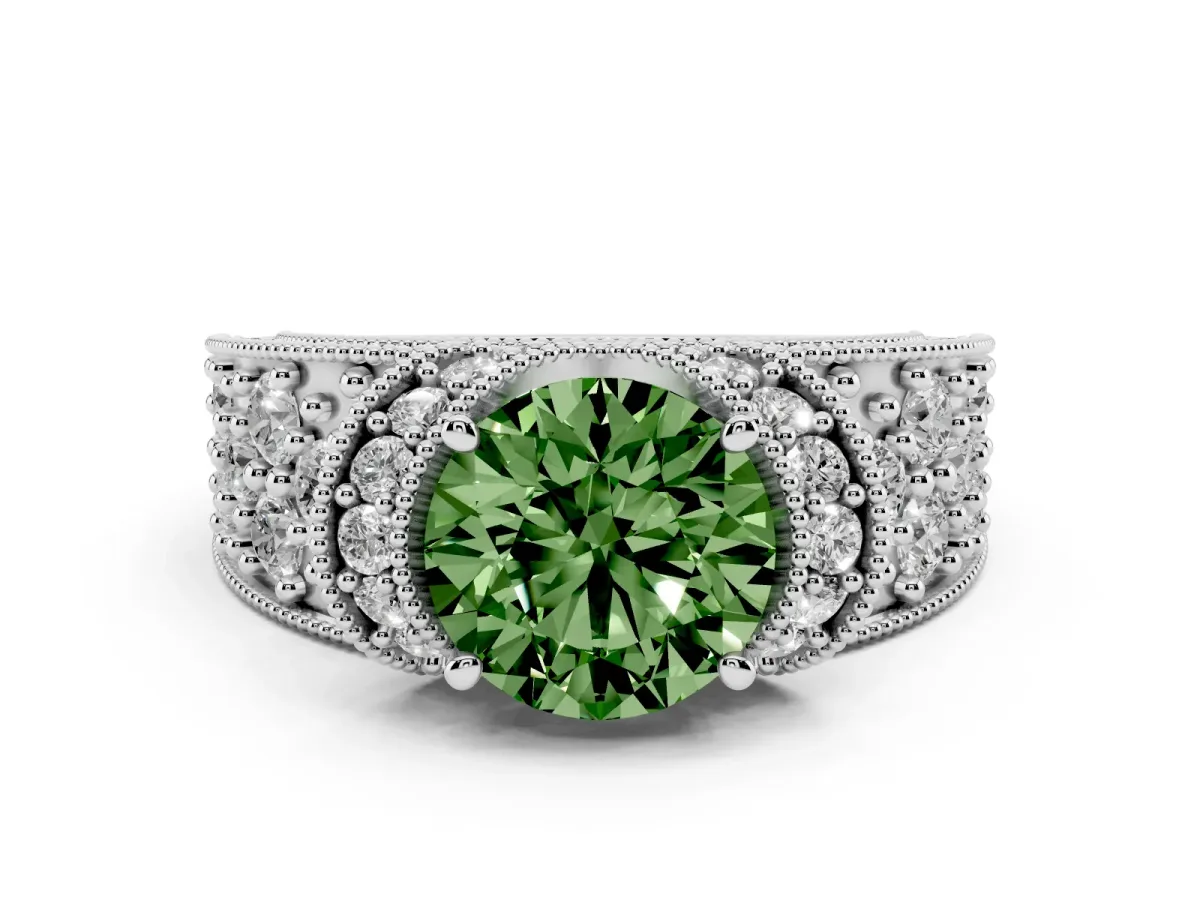 Fancy Green Round Cut Halo Pave Diamond Engagement Ring with Milgrain Detailing Silver