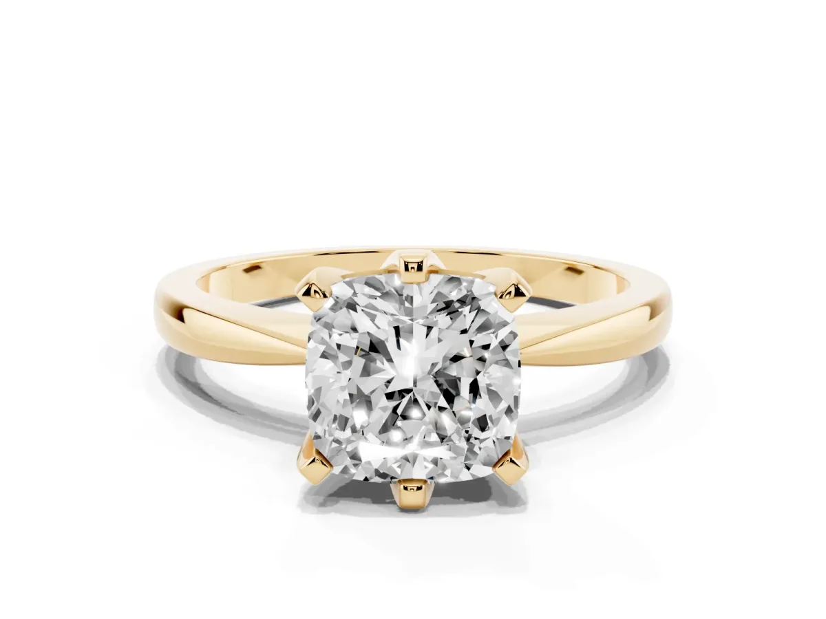 Cushion Cut Solitaire Engagement Ring with Six-Prong Setting and Tapered Band Yellow gold