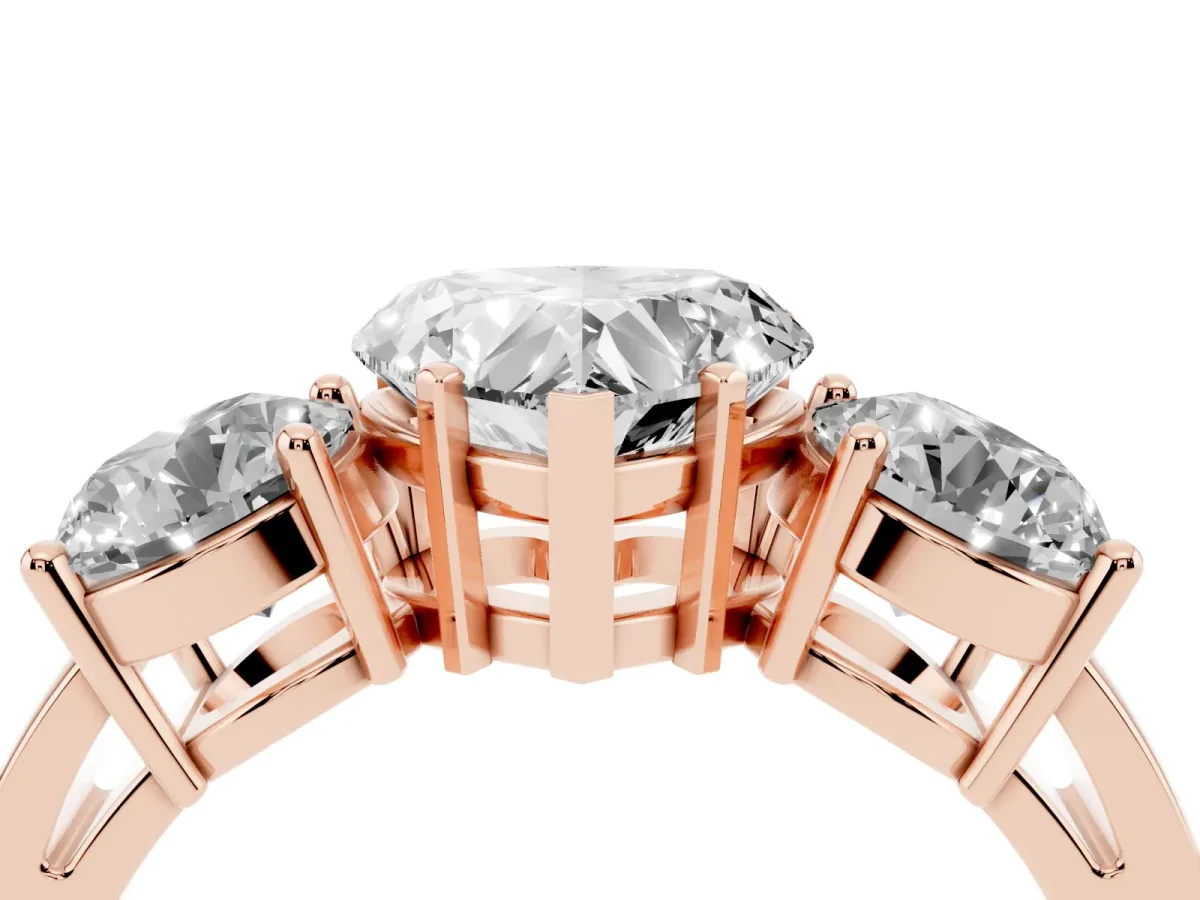 Three-Stone Heart Cut Diamond Ring with Round Side Stones, Classic Band, and Four-Prong Setting Rose gold