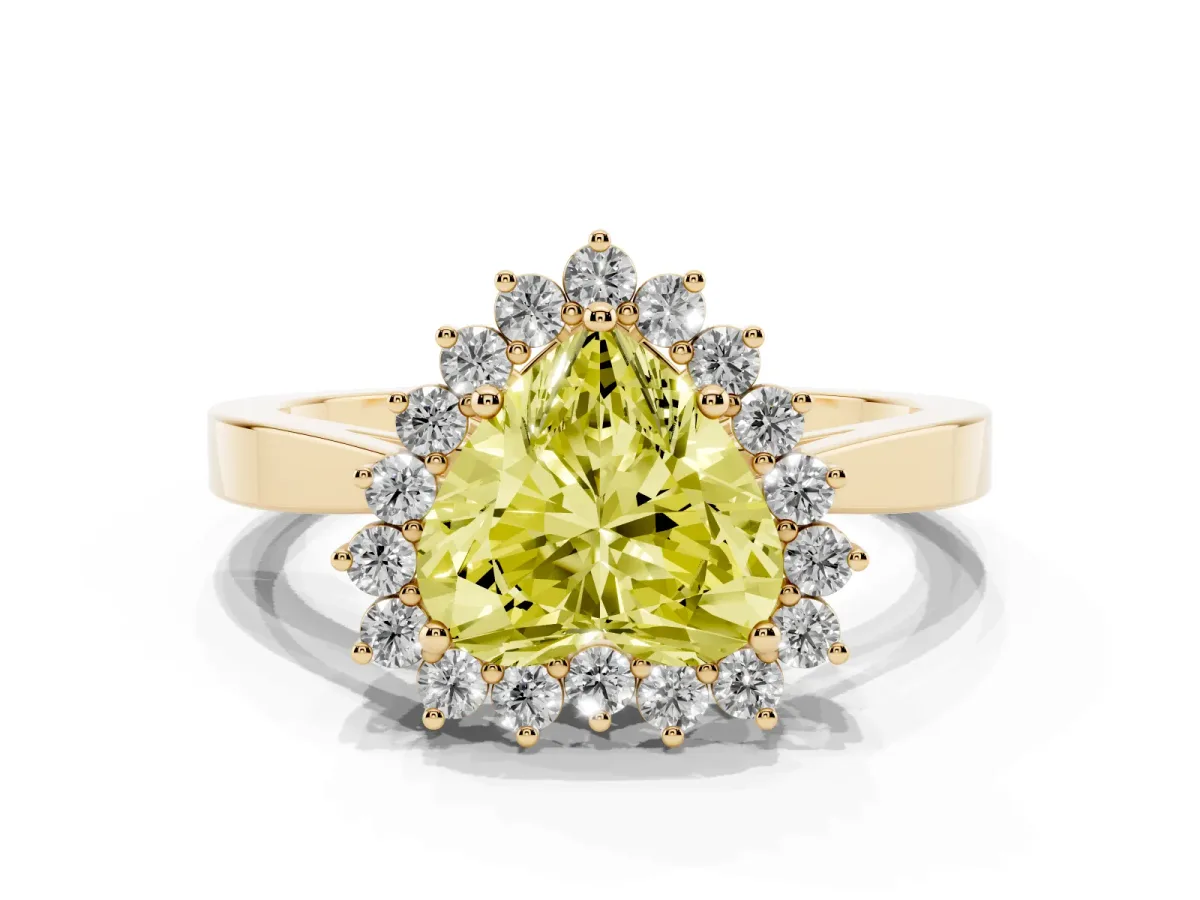 Fancy Yellow Heart Cut Cut Diamond Halo Ring with Round Brilliant Halo and Solitaire Band Yellow gold