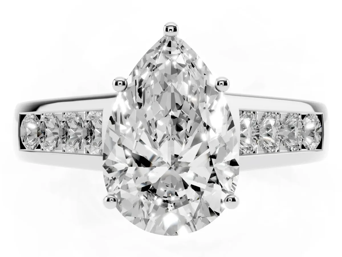 Pear Cut Solitaire Channel-Set Diamond Engagement Ring with Four-Prong Setting Platinum