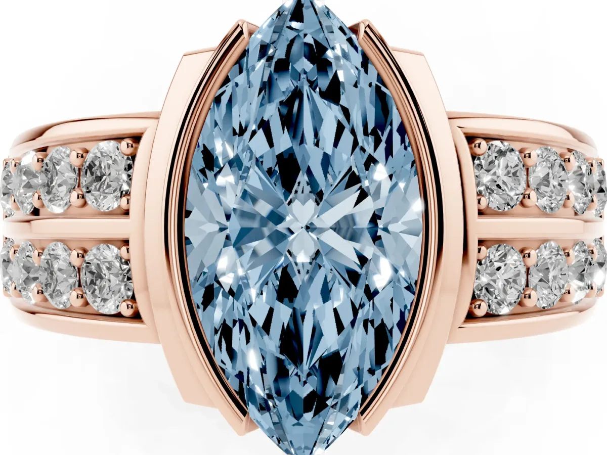 Fancy Blue Marquise Cut Brilliant Diamond Channel Set Wide Band Ring with Bezel Setting Rose gold