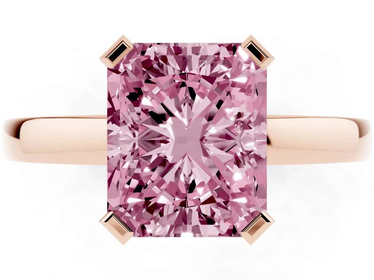 Fancy Pink Radiant Cut Cut Solitaire Ring with Four-Prong Setting and Classic Band Rose gold