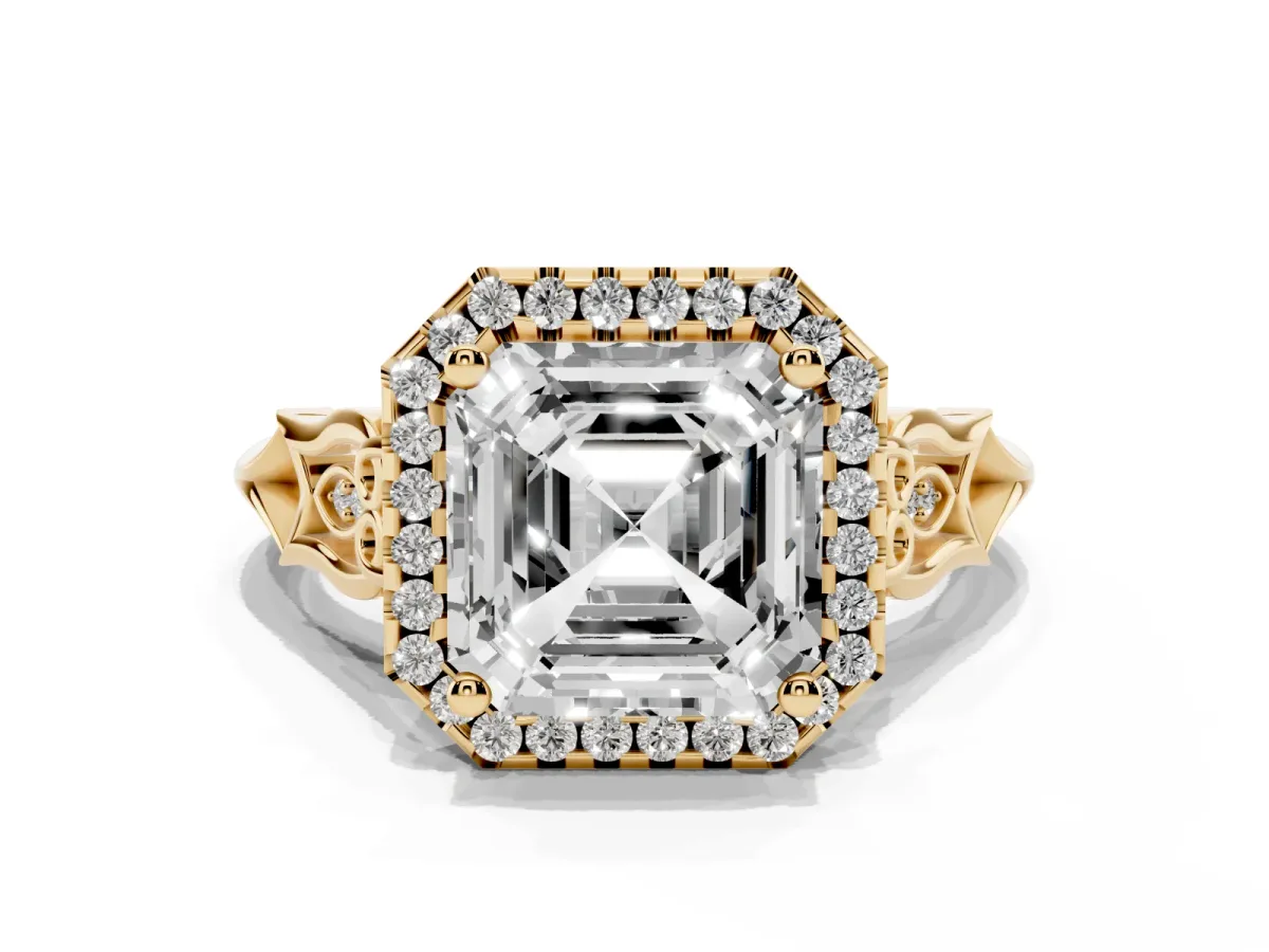 Asscher Cut Halo Diamond Engagement Ring with Filigree Band and Four-Prong Setting Yellow gold