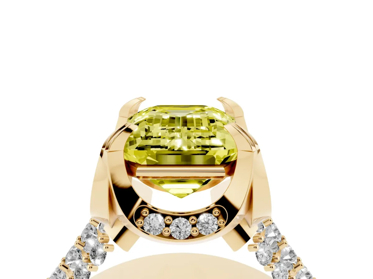 Fancy Yellow Emerald Cut Solitaire Pave Split Shank Ring with Four-Prong Setting Yellow gold