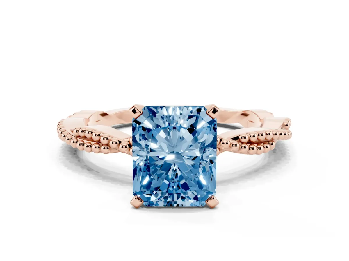 Fancy Blue Radiant Cut Solitaire Twisted Band with Bead Prong Setting Rose gold
