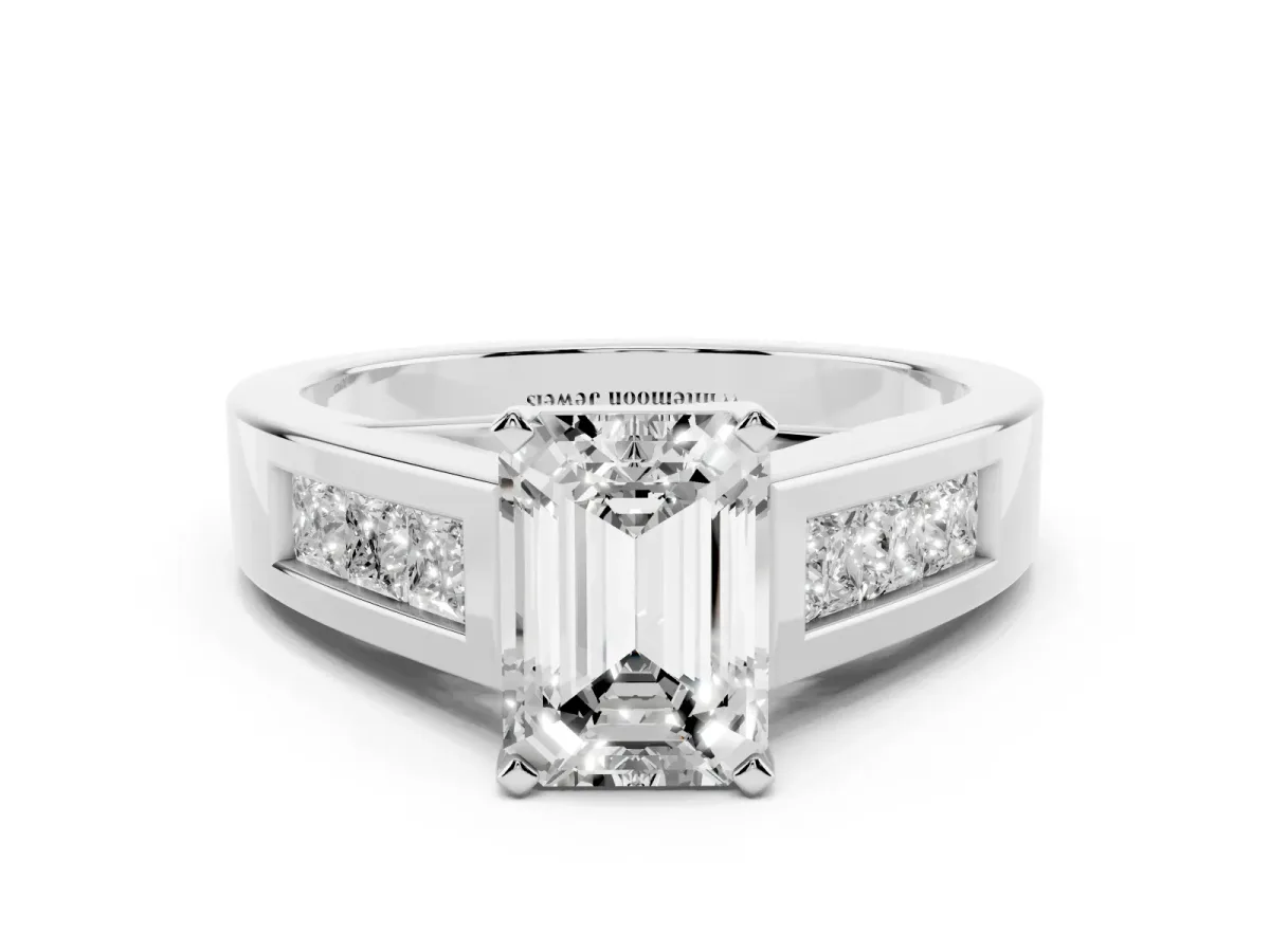 Emerald Cut Cut Channel Set Solitaire Ring with Four-Prong Setting Silver