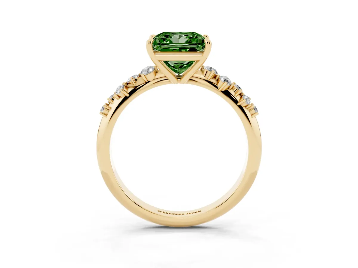 Fancy Green Princess Cut Diamond Cluster Side Stone Solitaire Ring with Prong Setting Yellow gold