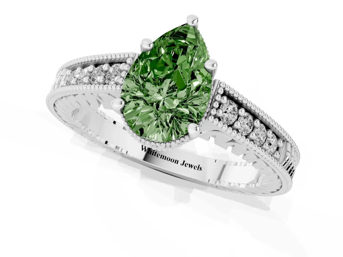 Fancy Green Pear Cut Solitaire Pavé Diamond Milgrain Engagement Ring with Four-Prong Setting Silver